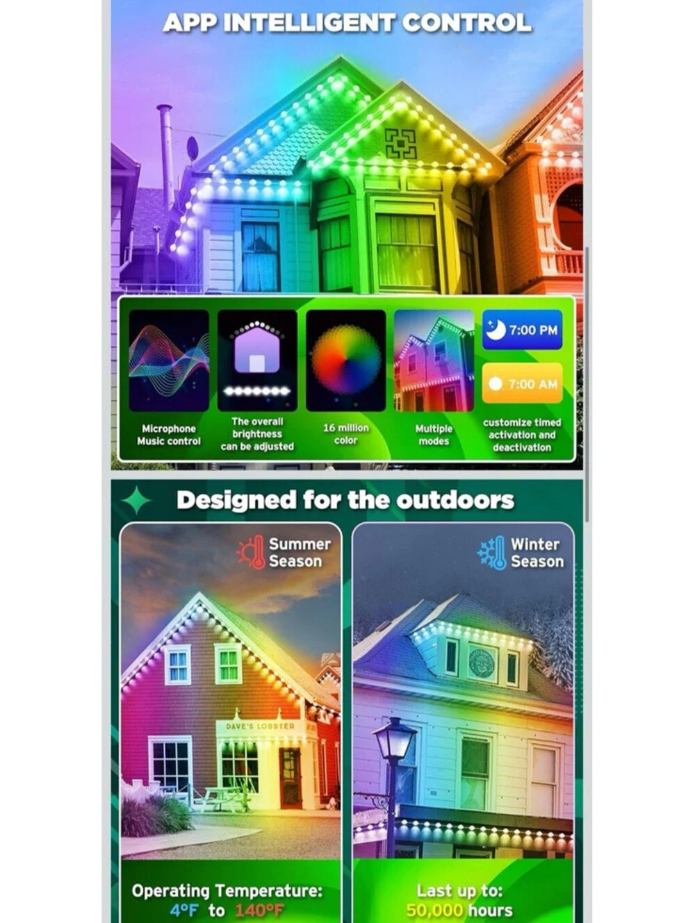 100FT Outdoor LED Eaves Light RGB Roof String Lights App Remote Control Open Box